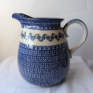 Polish Pottery Blue Floral Cream Ceramic  Pitcher